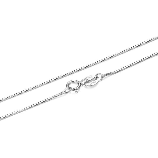 Silver box chain necklace with clasp on a white background.
