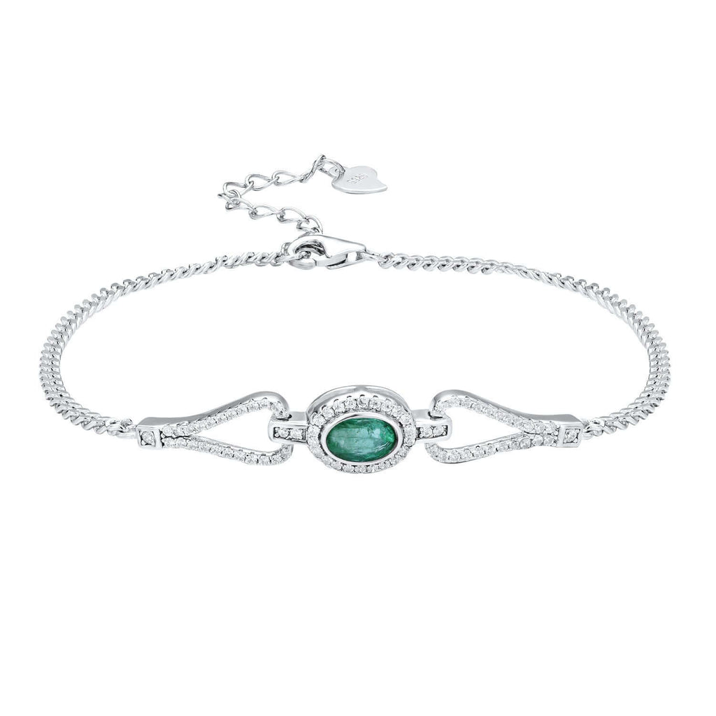 Silver bracelet with a green emerald gemstone and white zirconia stones on a white background