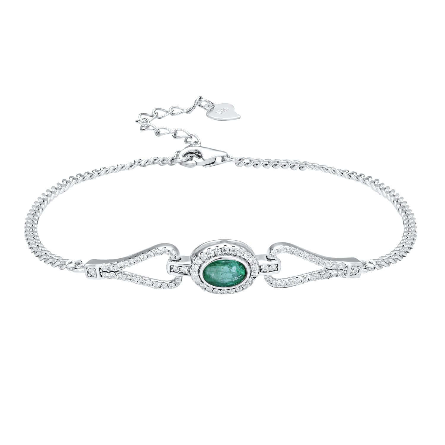 Silver bracelet with a green emerald gemstone and white zirconia stones on a white background