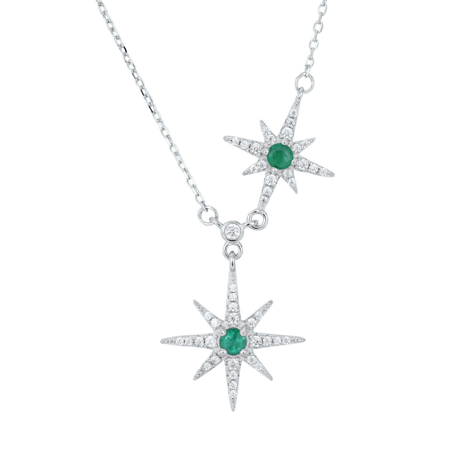 Silver necklace with star-shaped pendants featuring green emerald gemstones on a white background