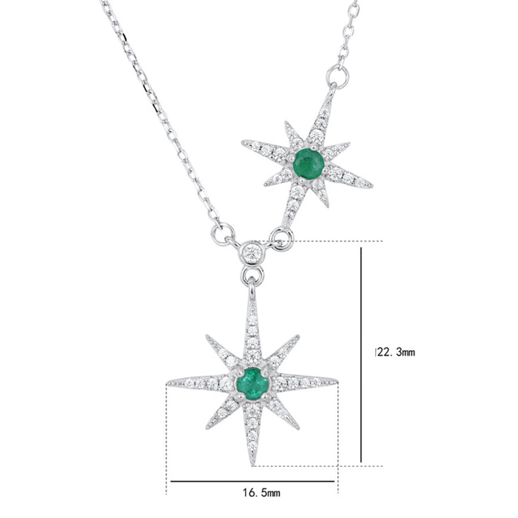 Silver necklace with star-shaped pendants showing size specifications