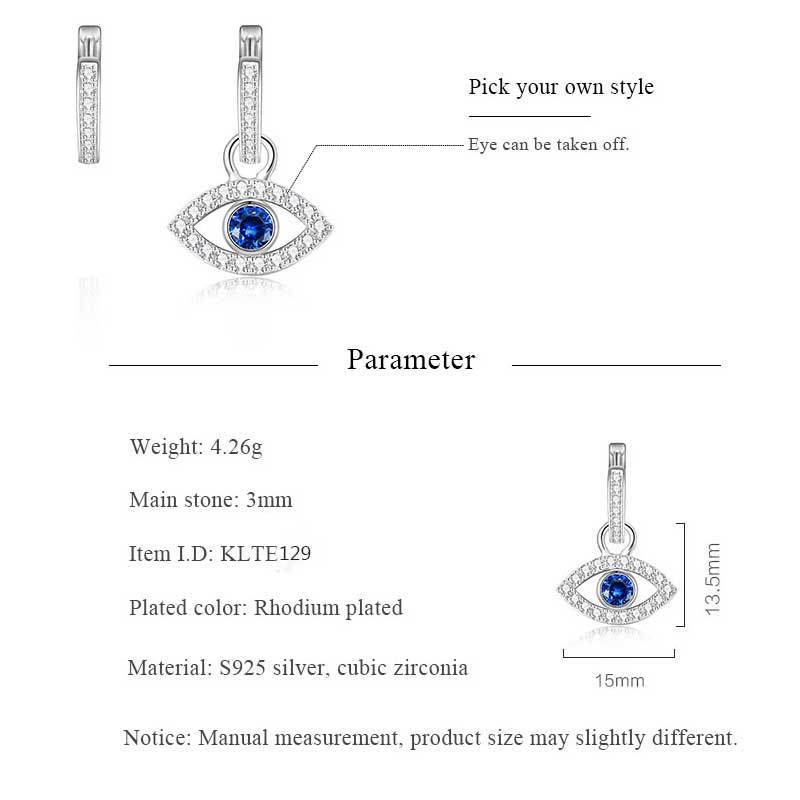 Silver Evil eye pendant with blue and white gemstones shown with measurements and material details.