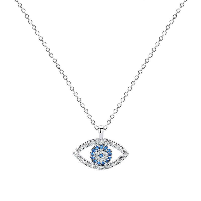 Silver necklace with an eye-shaped pendant featuring blue stones on a white background