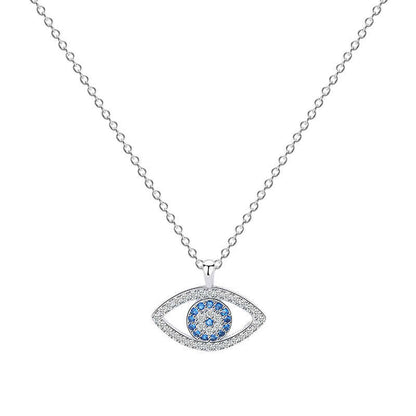 Silver necklace with an eye-shaped pendant featuring blue stones on a white background