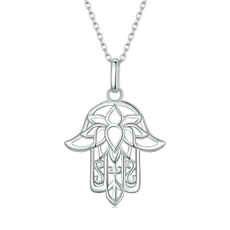 Silver Fatima hand pendant necklace on a white background