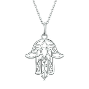 Silver Fatima hand pendant necklace on a white background