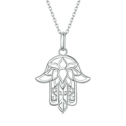 Silver Fatima hand pendant necklace on a white background