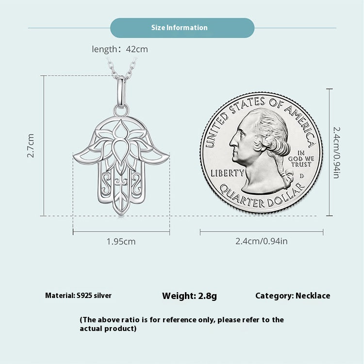 Silver Fatima hand pendant with size and weight information on a light blue background