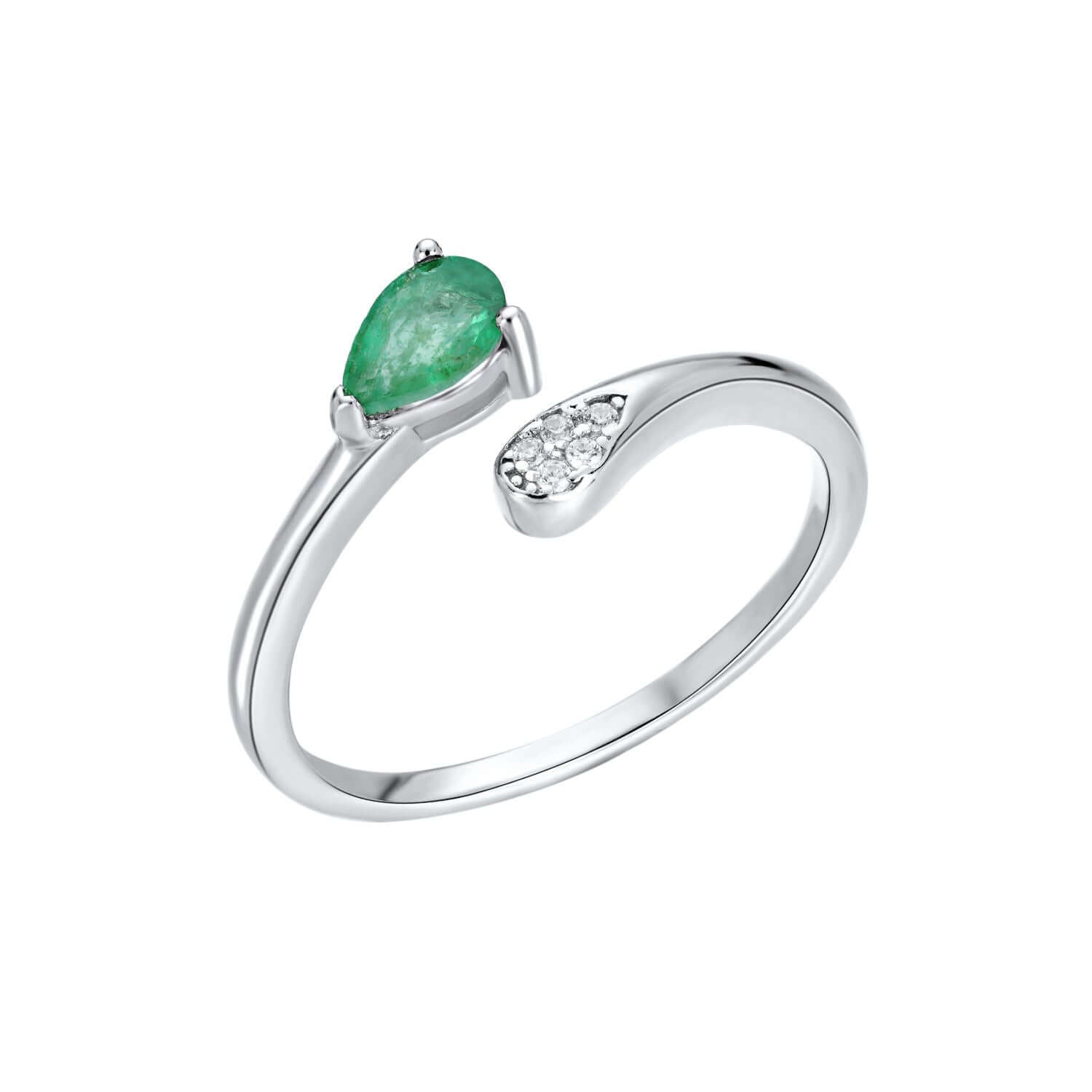 Silver ring with a green emerald gemstone and small zircon diamonds on a white background