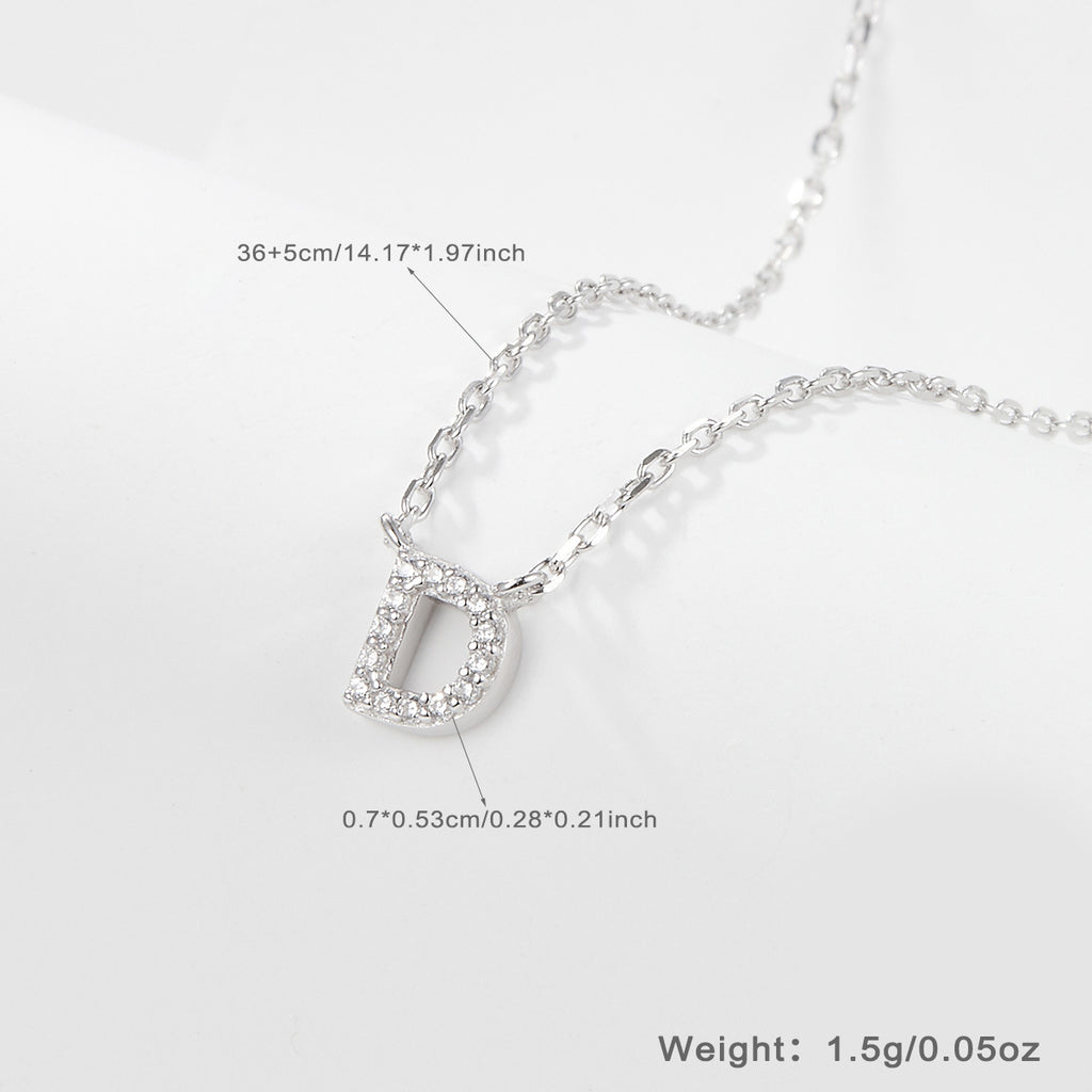 Silver necklace with a letter 'D' pendant on a white background and size specifications