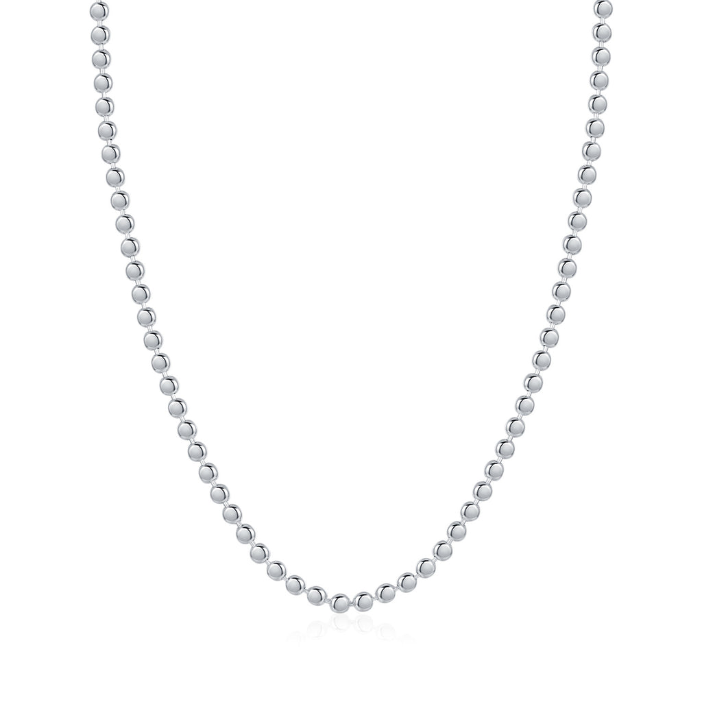 Silver beaded necklace on a white background