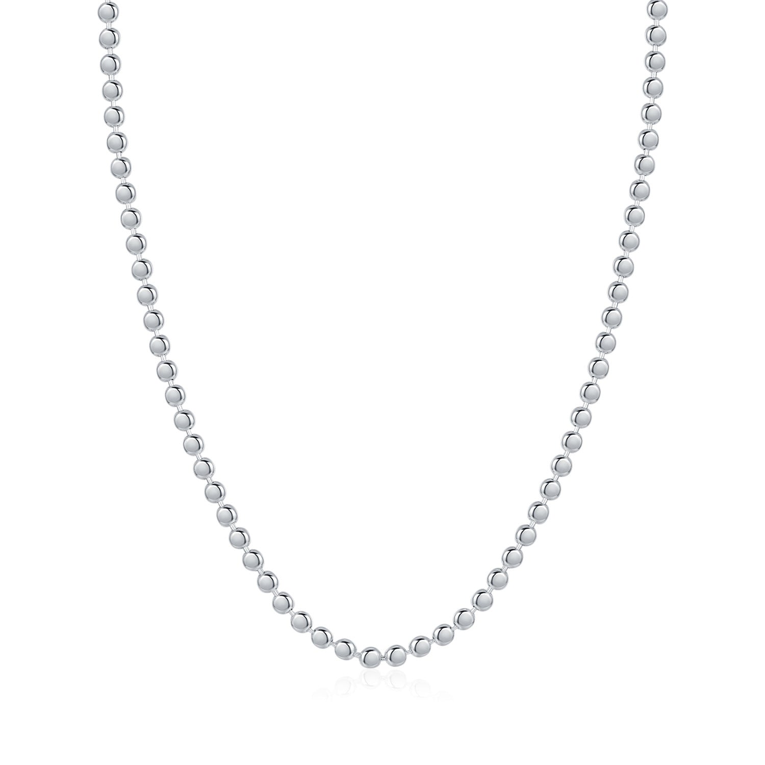 Silver beaded necklace on a white background