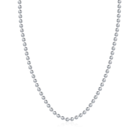 Silver beaded necklace on a white background