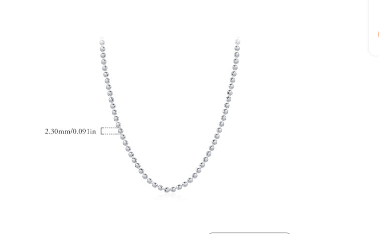Silver beaded necklace on a white background with size specifications