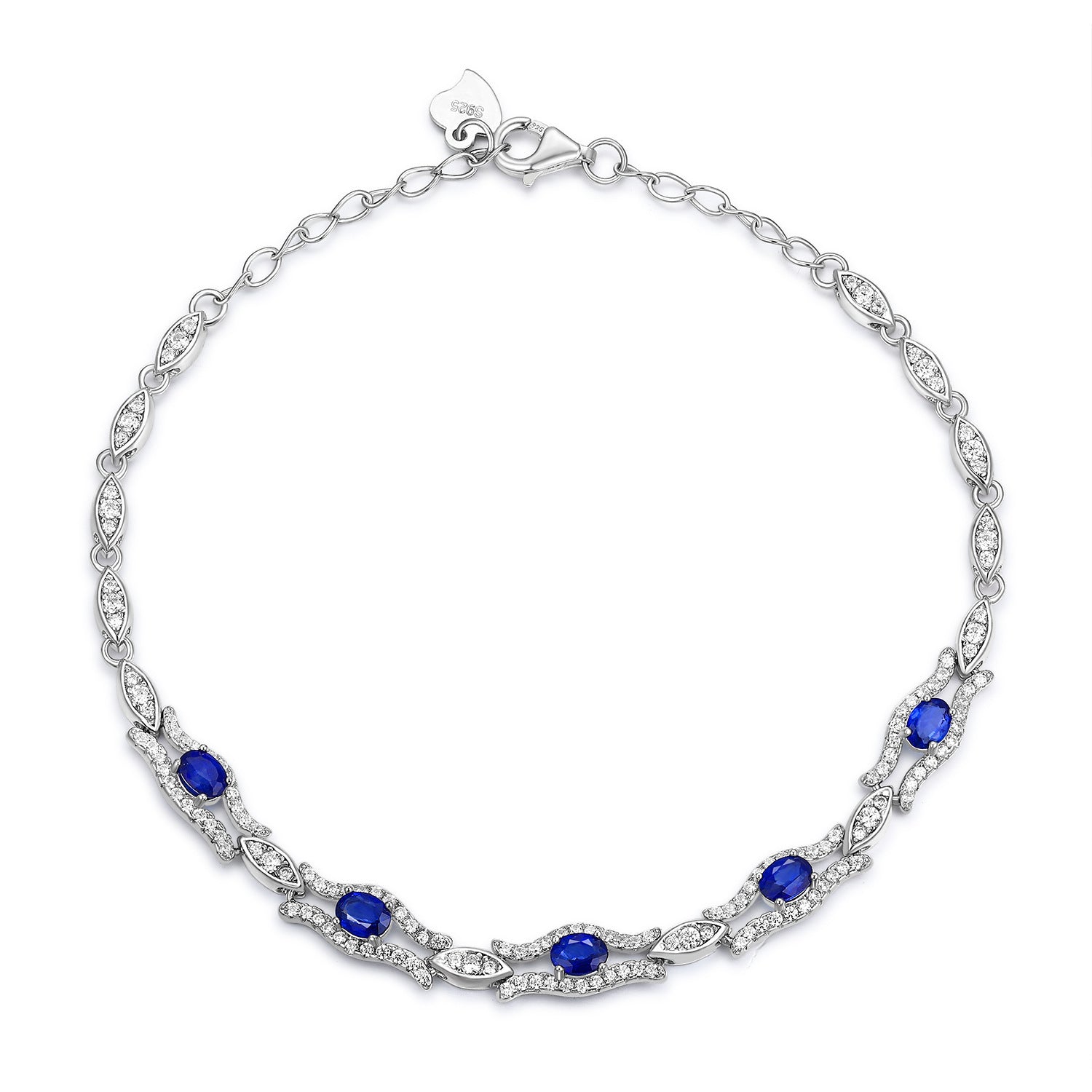 Silver bracelet with natural blue sapphire gemstones on a white background