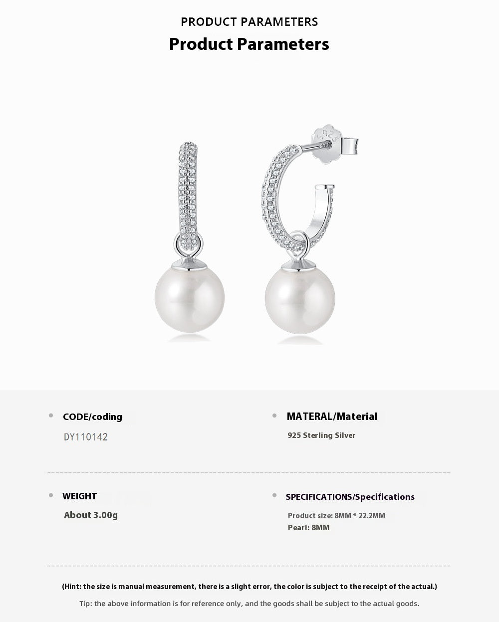 Pearl earrings with product parameters on a white background