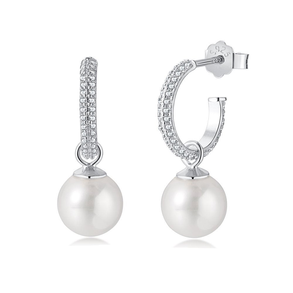 Pearl earrings with silver and diamond accents on a white background