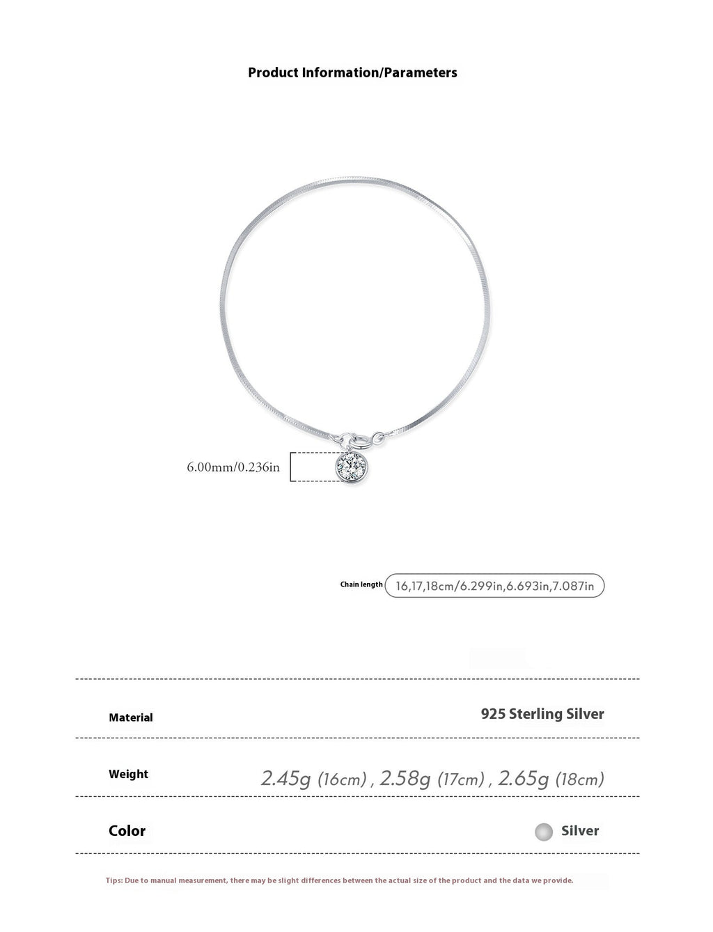 Product information sheet for snake chain bracelet with dimensions and material details.