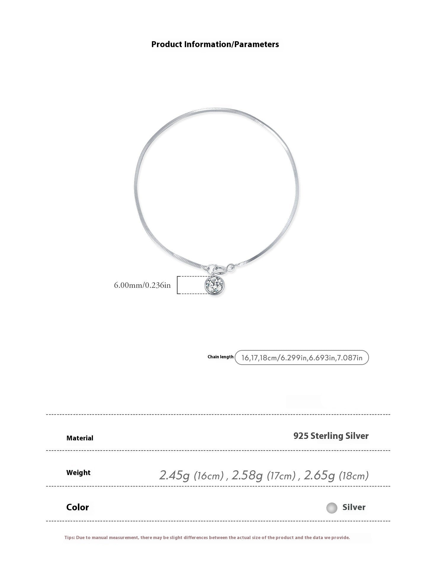 Product information sheet for snake chain bracelet with dimensions and material details.