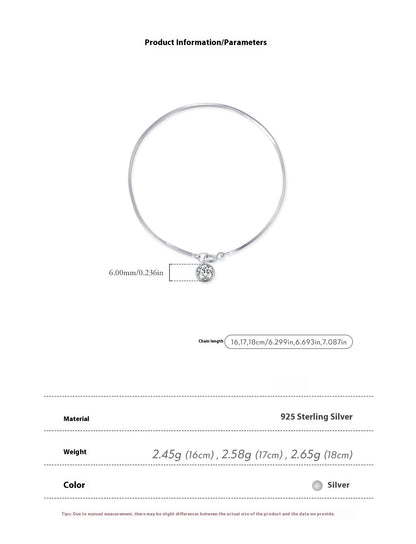Product information sheet for snake chain bracelet with dimensions and material details.