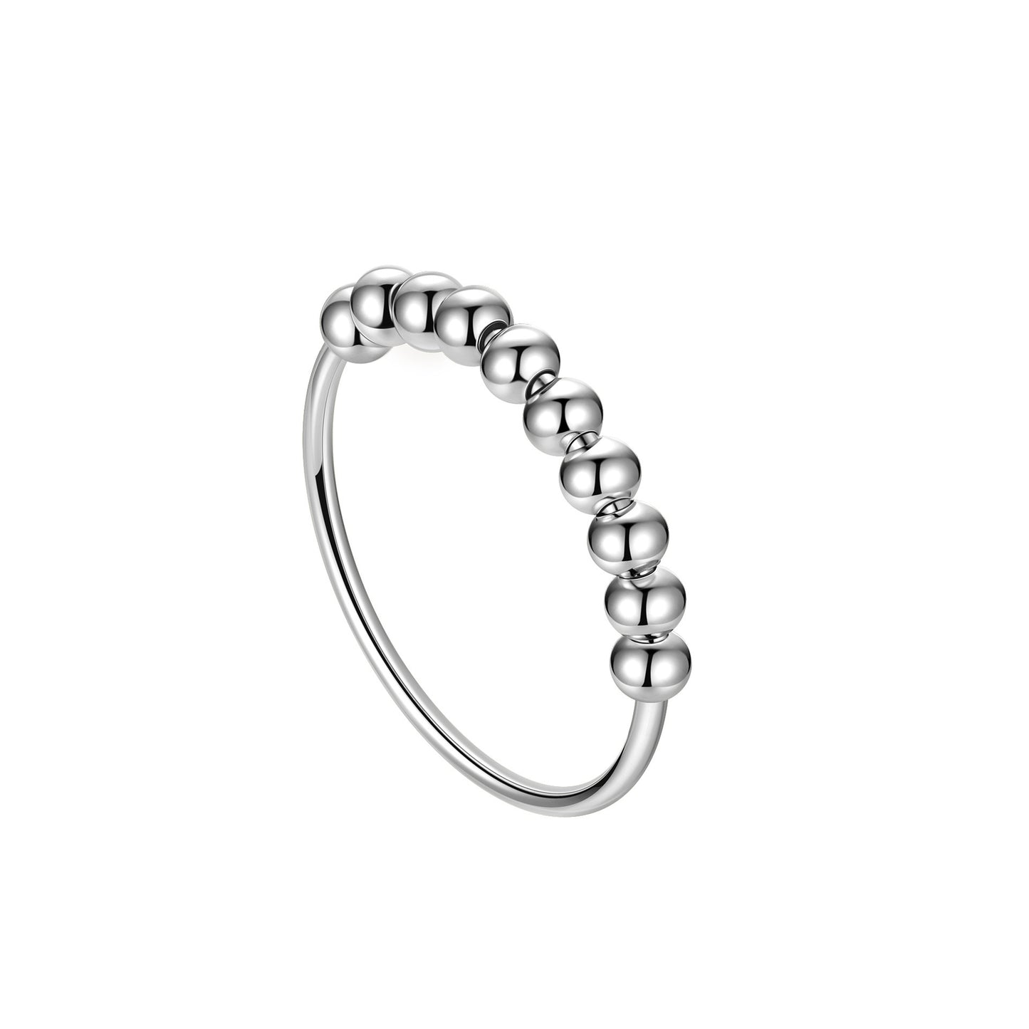 Detailed view of the pure 925 sterling silver beaded fidget ring on a white background, highlighting the smooth, rolling beads.