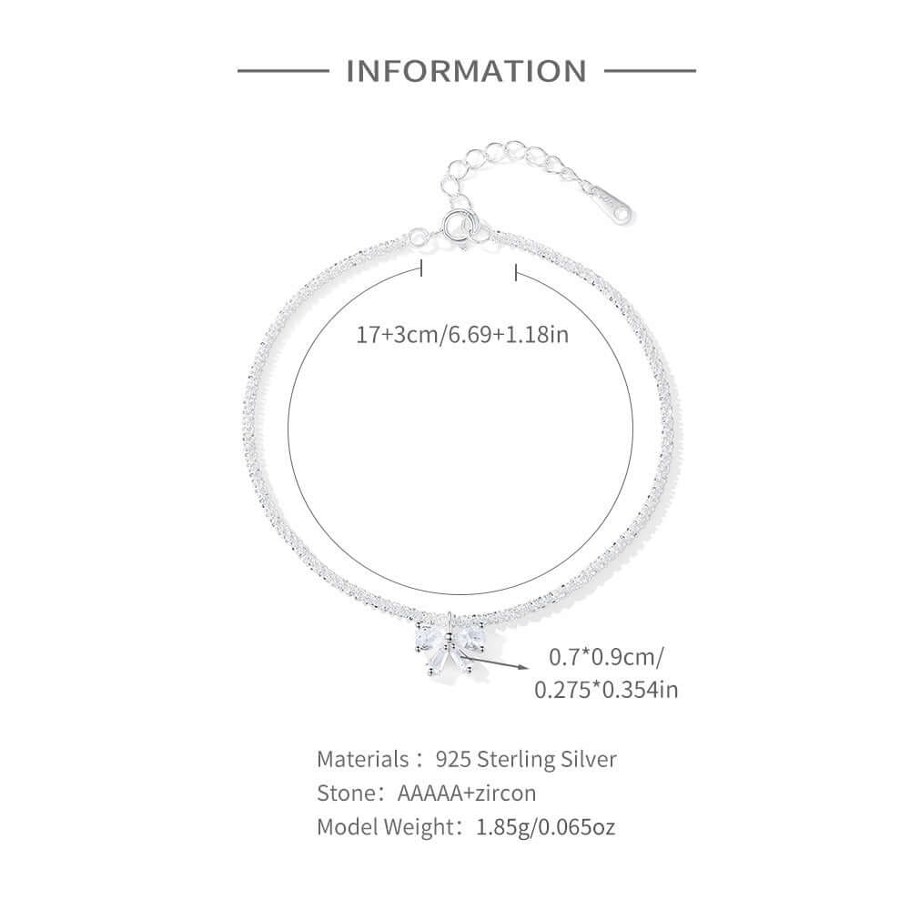 Silver bracelet with measurements and material details on a white background