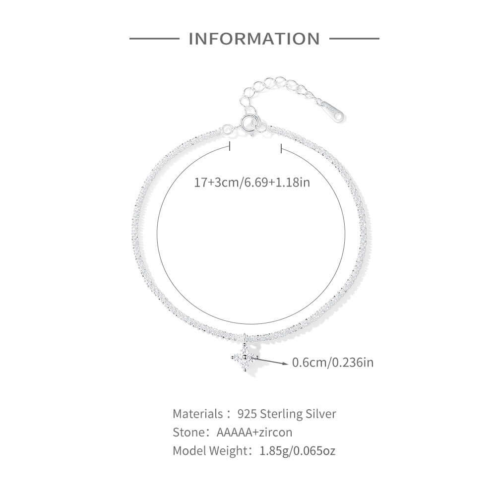 Silver bracelet with measurements and material details on a white background