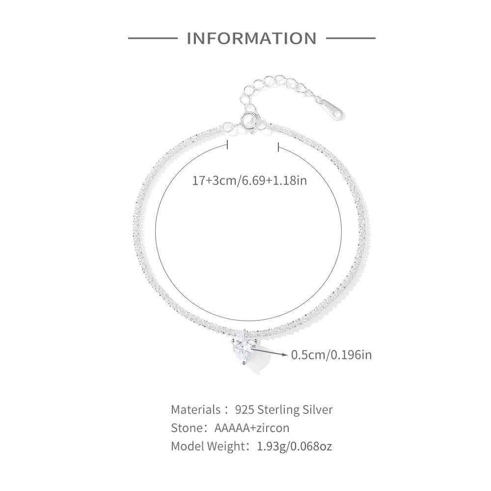 Silver bracelet with measurements and material details on a white background