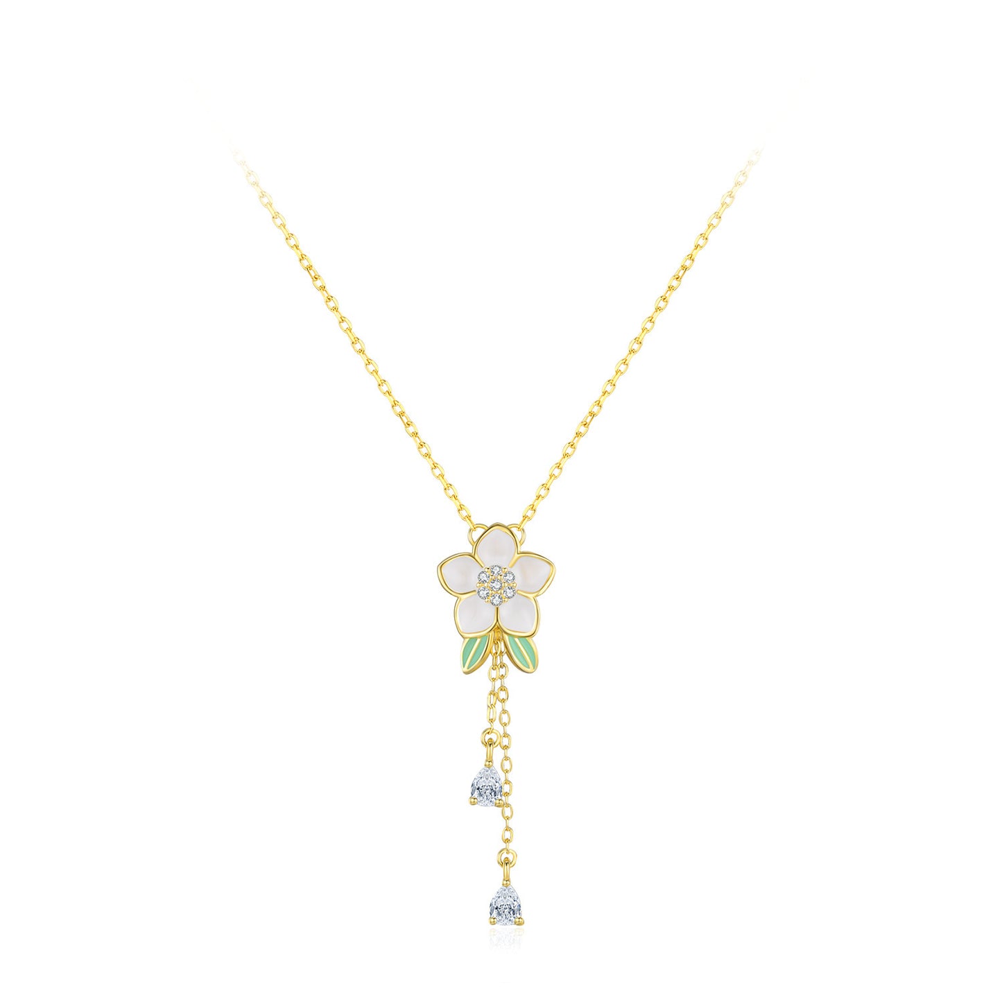 Gold necklace with a white flower pendant on a white background.
