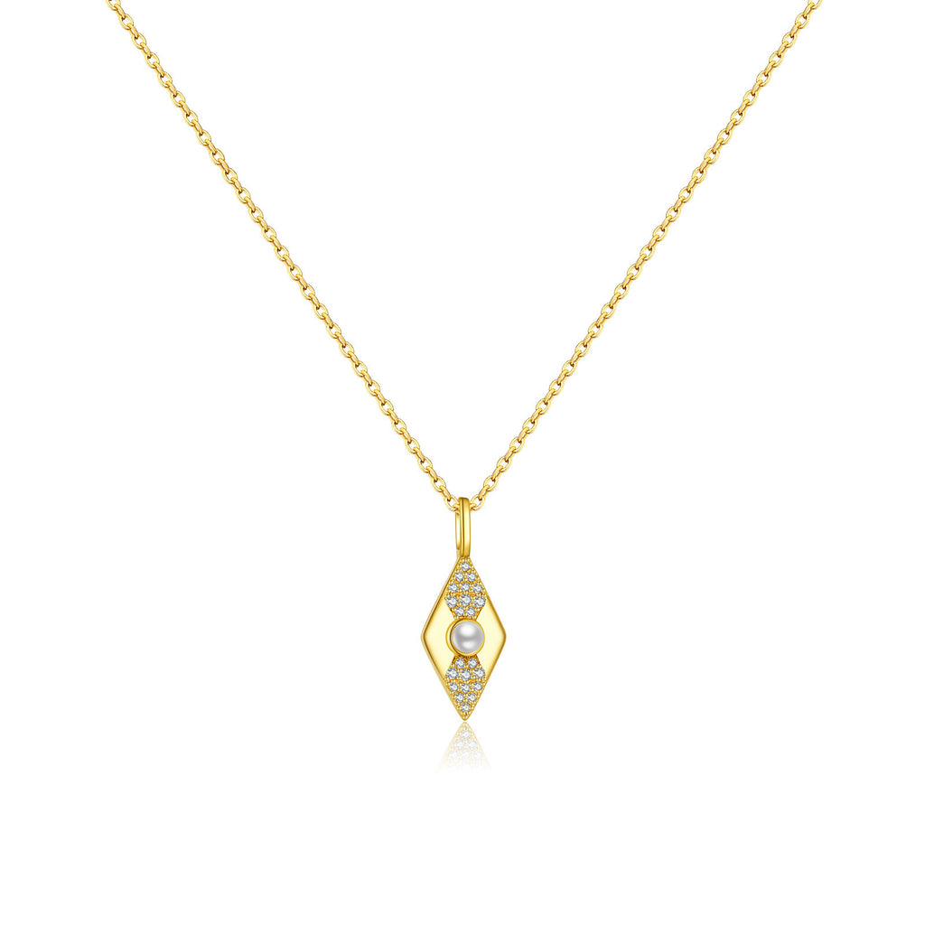 Gold color necklace with a pendant featuring a pearl and diamonds on a white background.