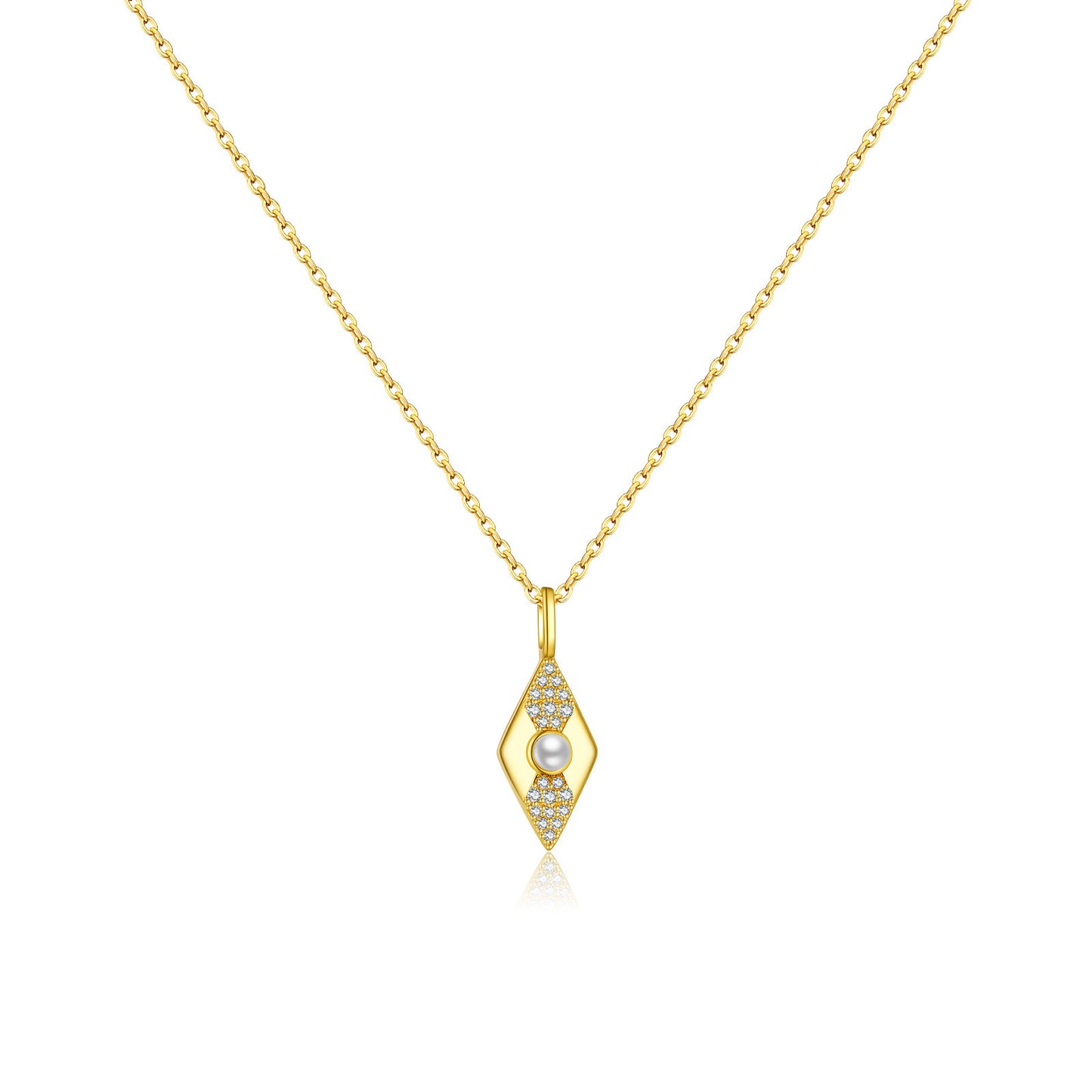 Gold color necklace with a pendant featuring a pearl and diamonds on a white background.