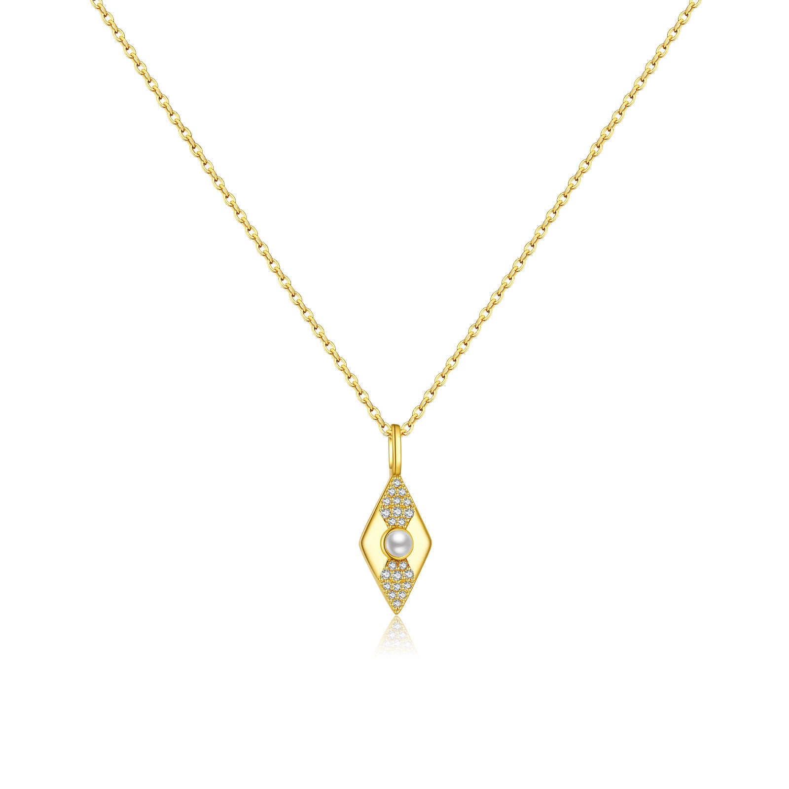 Gold color necklace with a pendant featuring a pearl and diamonds on a white background.