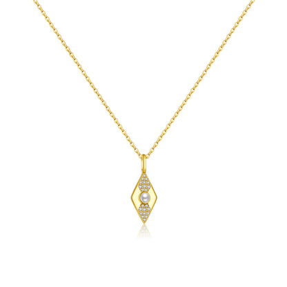 Gold color necklace with a pendant featuring a pearl and diamonds on a white background.