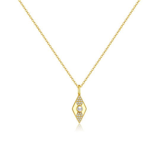 Gold color necklace with a pendant featuring a pearl and diamonds on a white background.