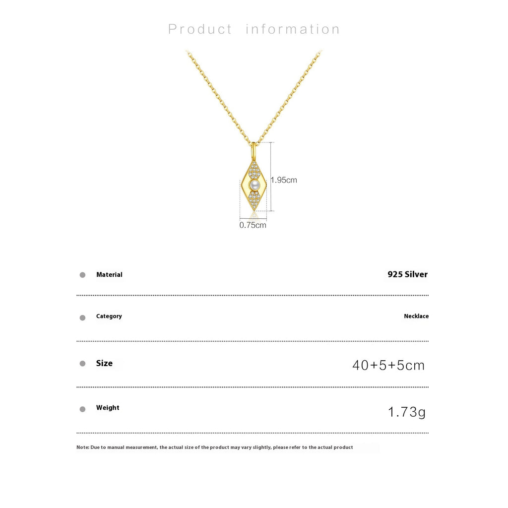 Gold necklace with measurement details on a white background