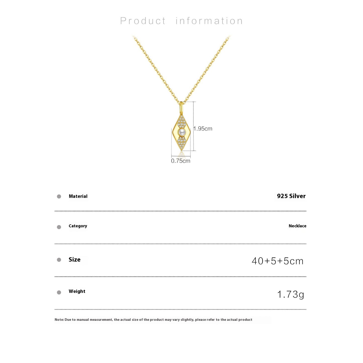 Gold necklace with measurement details on a white background