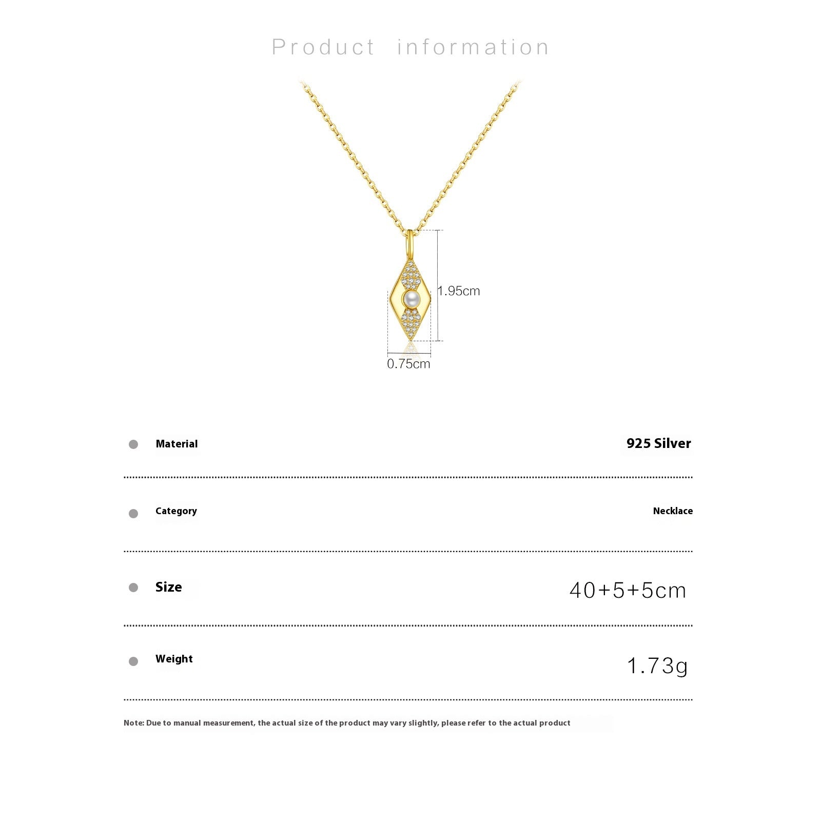 Gold necklace with measurement details on a white background