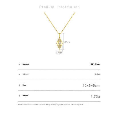 Gold necklace with measurement details on a white background