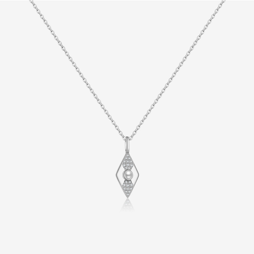 Silver necklace with a pendant featuring a pearl on a white background
