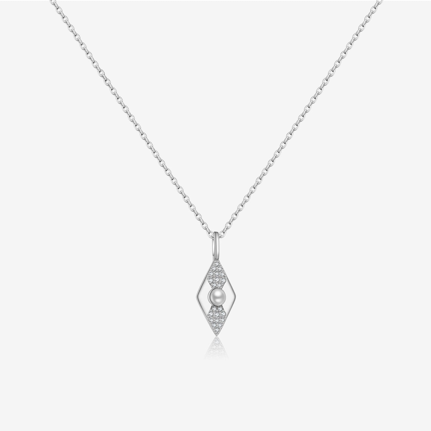 Silver necklace with a pendant featuring a pearl on a white background