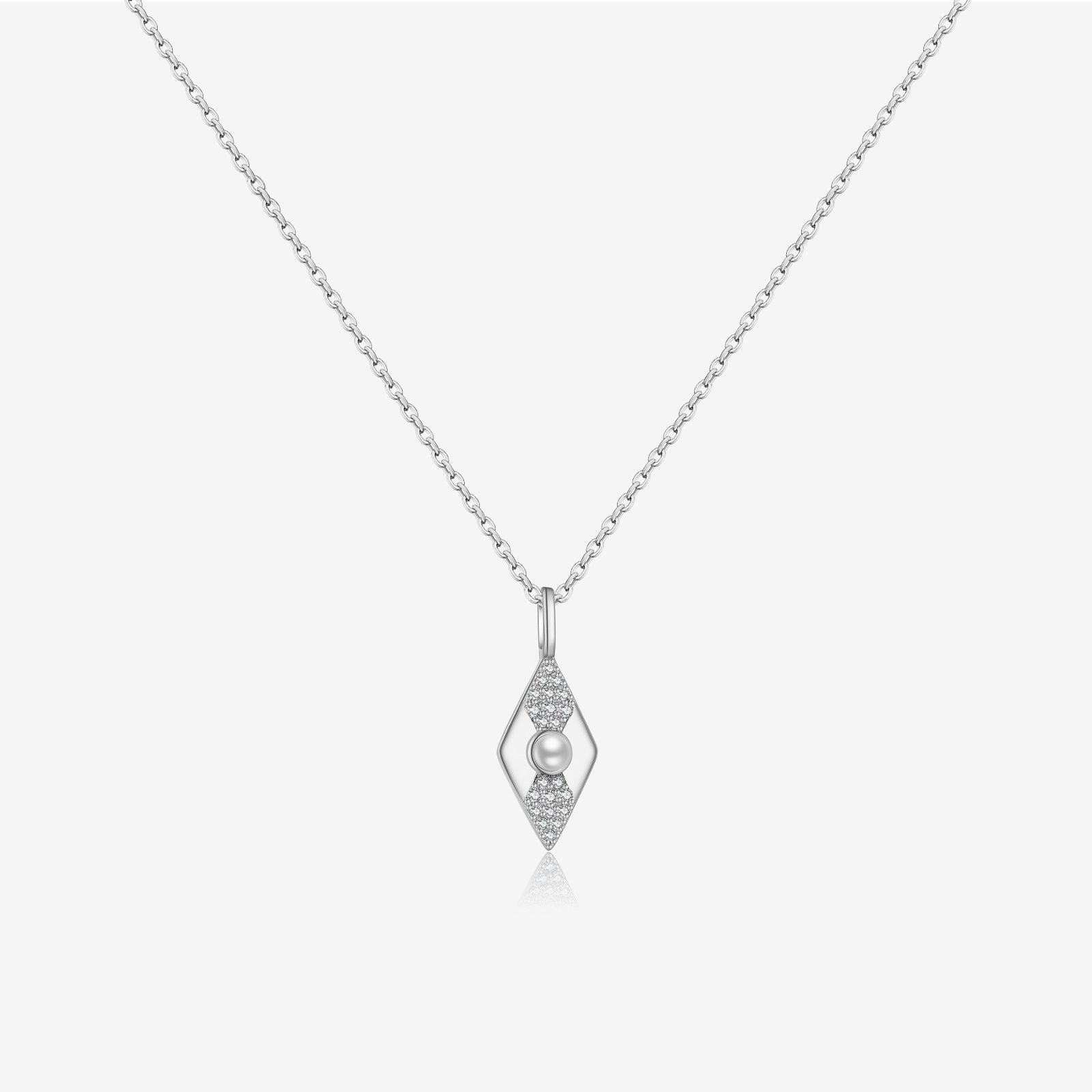 Silver necklace with a pendant featuring a pearl on a white background