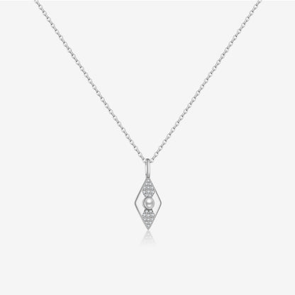 Silver necklace with a pendant featuring a pearl on a white background