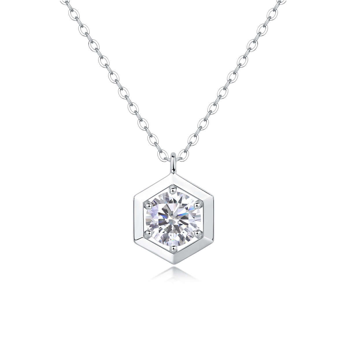 Close-up of the Moissanite Geometric Necklace with a round-cut stone in a polished hexagonal silver pendant
