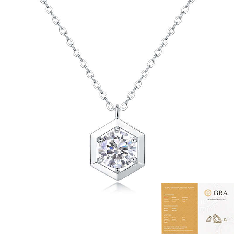 A studio shot of the Moissanite Geometric Necklace, displayed with its official GRA moissanite certificate.