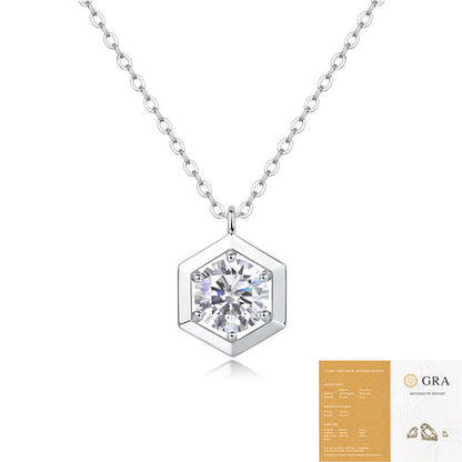 A studio shot of the Moissanite Geometric Necklace, displayed with its official GRA moissanite certificate.