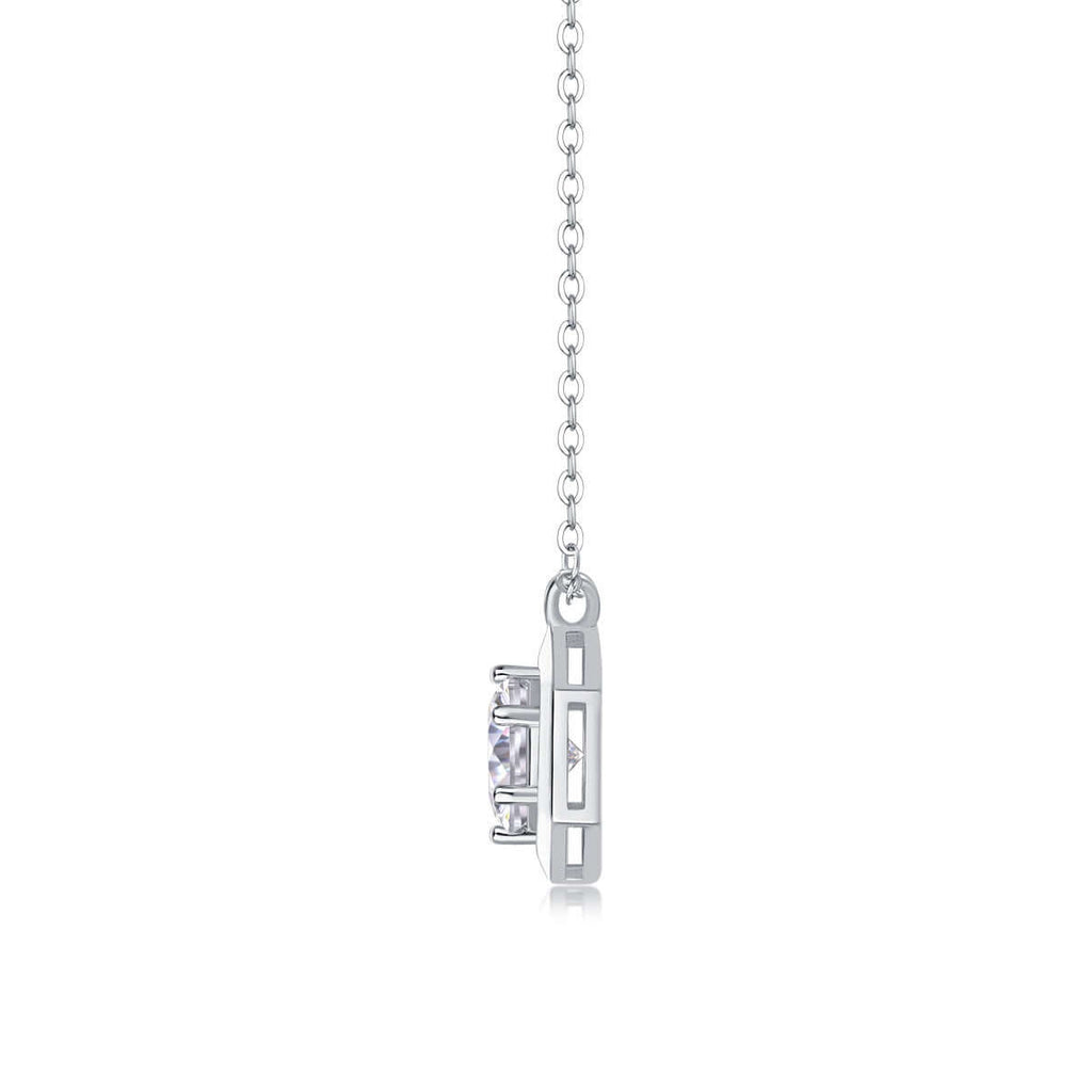 Side profile view of the Moissanite Geometric Necklace, highlighting the depth of the hexagonal setting and the craftsmanship