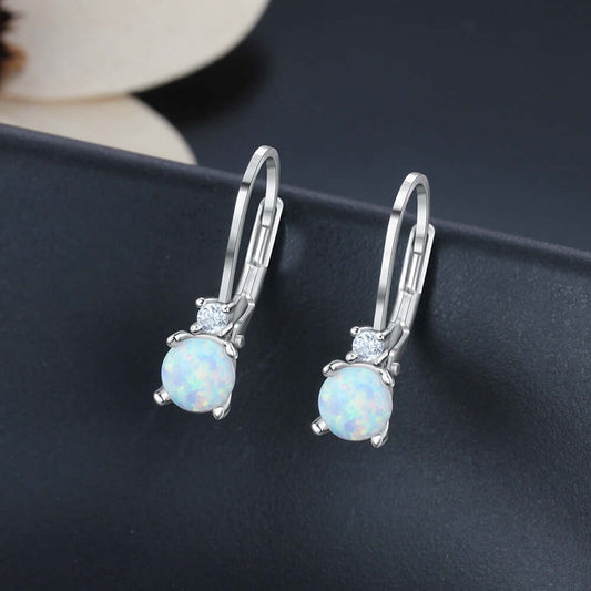 Silver earrings with opal stones on a dark surface