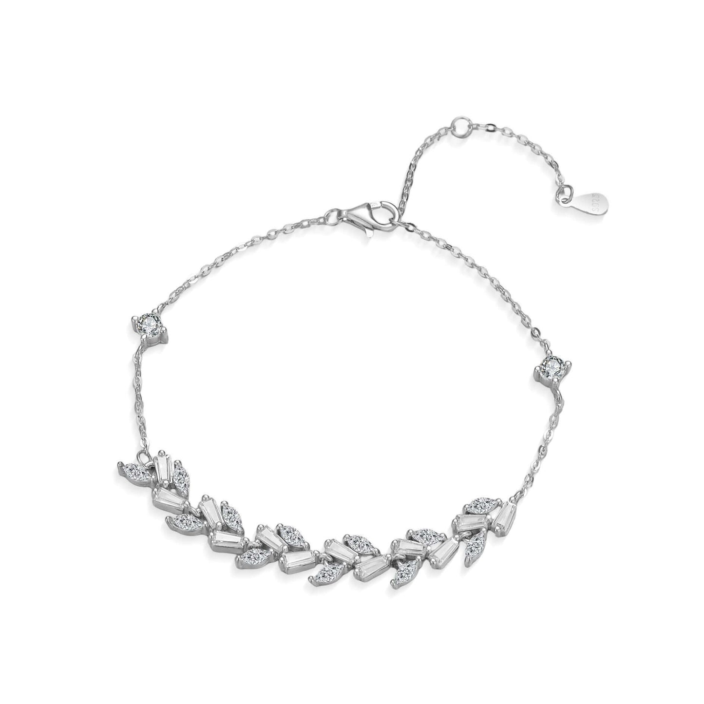Silver bracelet with leaf-shaped charms on a white background