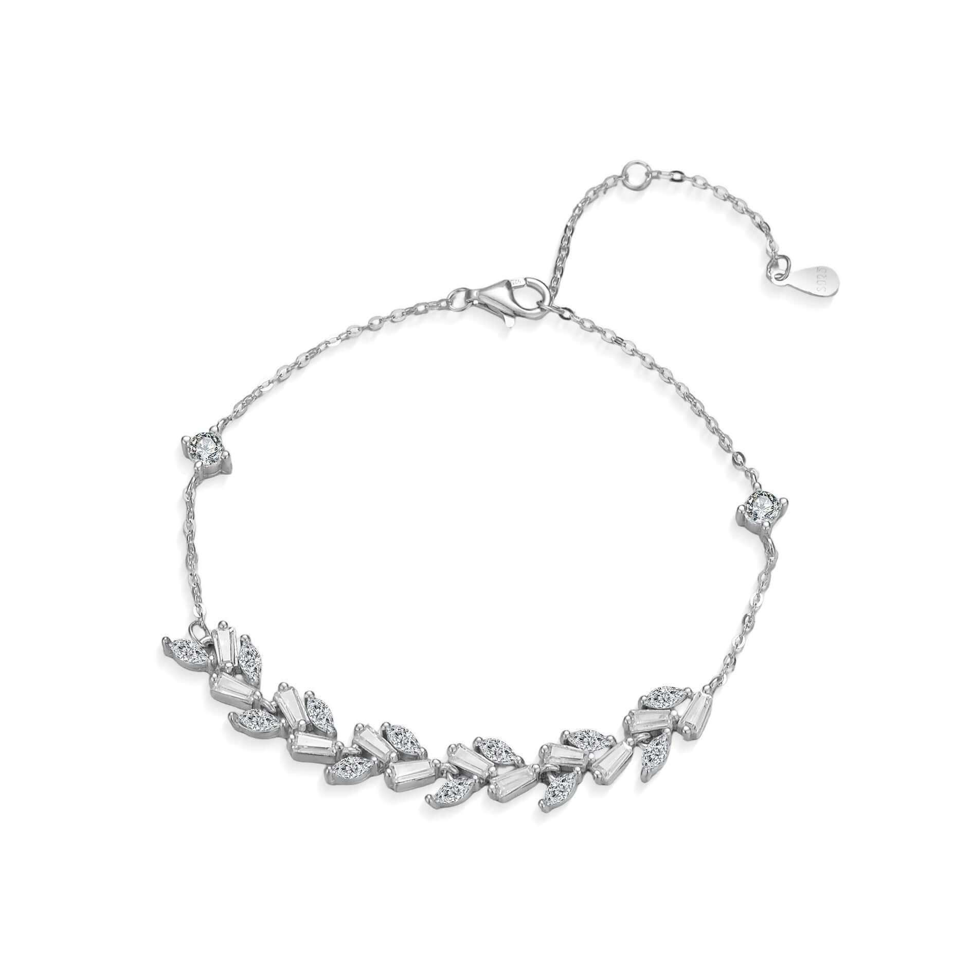 Silver bracelet with leaf-shaped charms on a white background