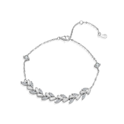 Silver bracelet with leaf-shaped charms on a white background